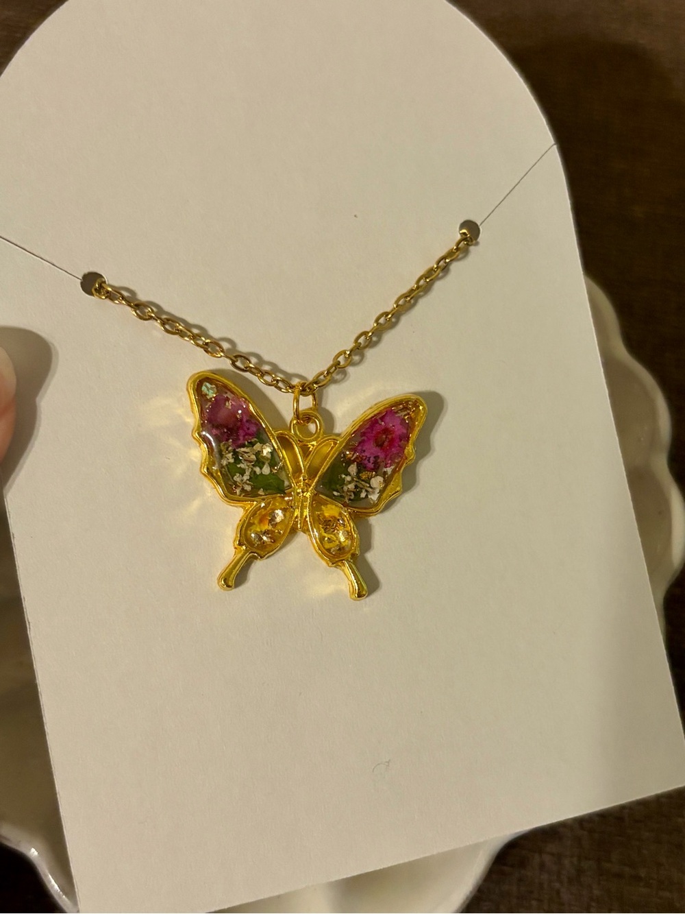 Gold Resin Butterfly Pendant Necklace with Pink and Green Accent